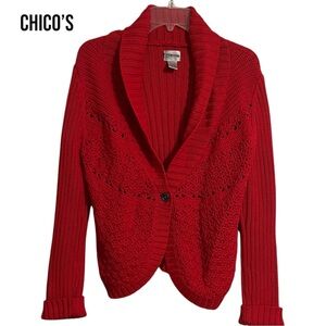 Chico’s RED CHUNKY RIB KNIT & CROCHET ONE BUTTON COTTON CARDIGAN Medium EUC